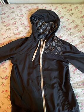 Black Hooded Windbreaker with Floral Lining
